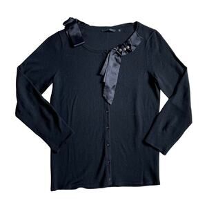 Elie Tahari Black Merino Wool Cardigan, Ribbon, Pearl Embellishment, Size XS